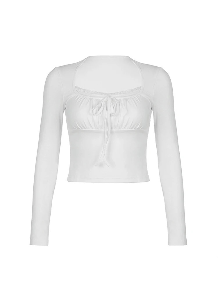 Bandage Folds Square Collar Crop Top Women Fairycore y2k White T Shirts Basic Knitted Elegant Tees Vintage 2000s Clothing 250227