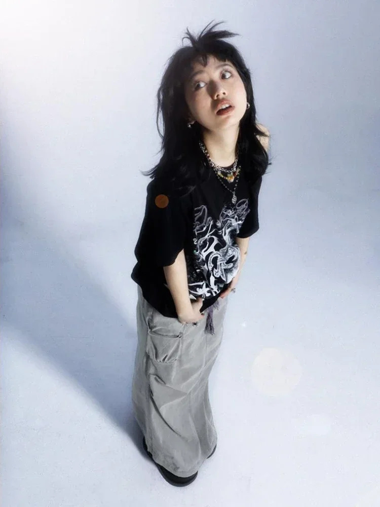 KOSAHIKI Off Shoulder TShirt Women Short Sleeve Street Hip Hop Goth Casual Harajuku Grunge Y2k Tops Vintage Printed Tees 250226