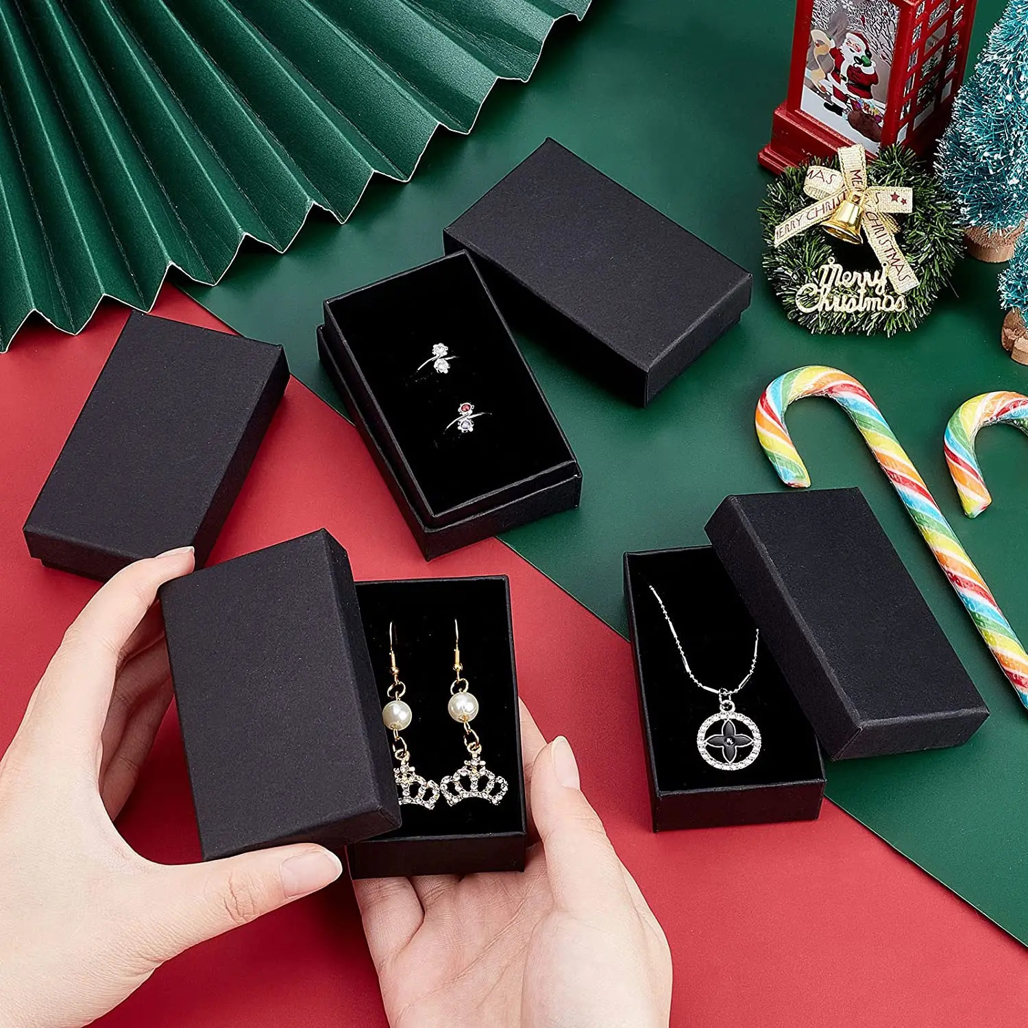 pandahall 15/18/24pcs Cardboard Jewelry Set Box for Ring Necklace Bracelet Rectangle Tan Black White Kraft Cotton Filled Paper 250222