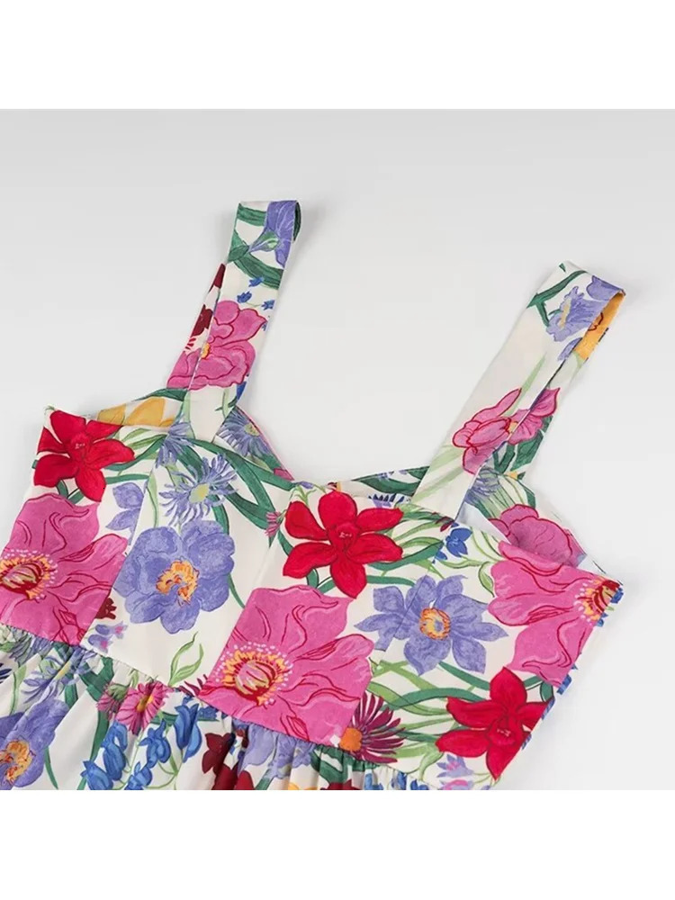 Zevity Womens Sweet Flower Printed Strap Sling Midi Dress Womens Chic Side Zipper Splicing Tank Top DS6200 250226