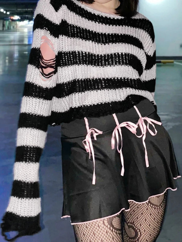 KOSAHIKI Striped Womens Crop Sweater Punk Streetwear Korean Style Hole Thin Knitted Gothic Long Sleeve Y2k Pullover 250225