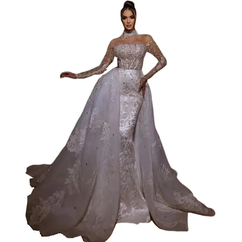 African Elegant Mermaid Wedding Dresses for Bride 2024 Off Shoulder Lace up Closure Sweep Train Beaded Bridal Gowns Customized 09