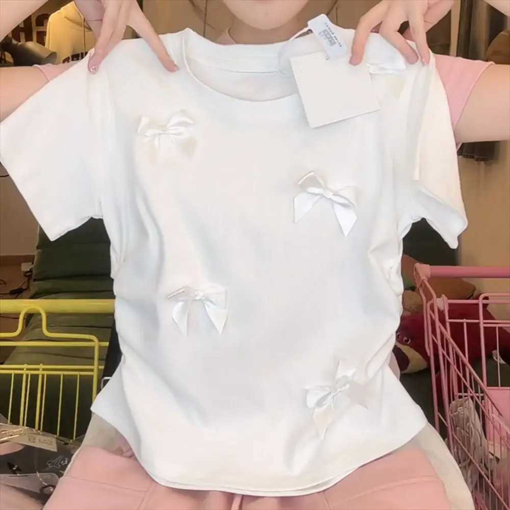 Elegant ballet bow T-shirt round neck Japanese style womens top solid color short sleeved ribbon crop vest womens topT250320