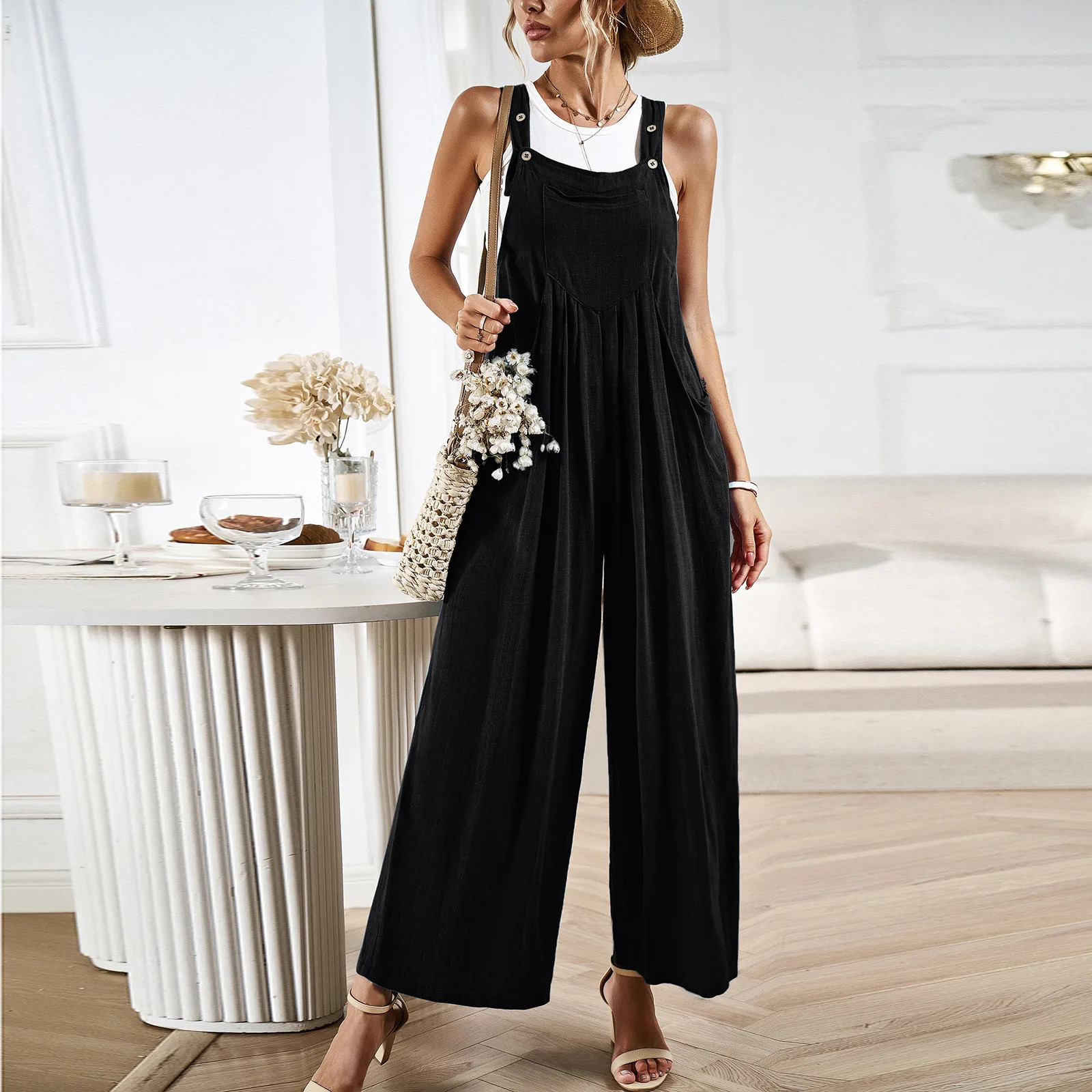 YJKDYK Spring Summer Womens Suspender Trousers Female Solid Color Loose Wide Leg Jumpsuit Pants Clothing 250227