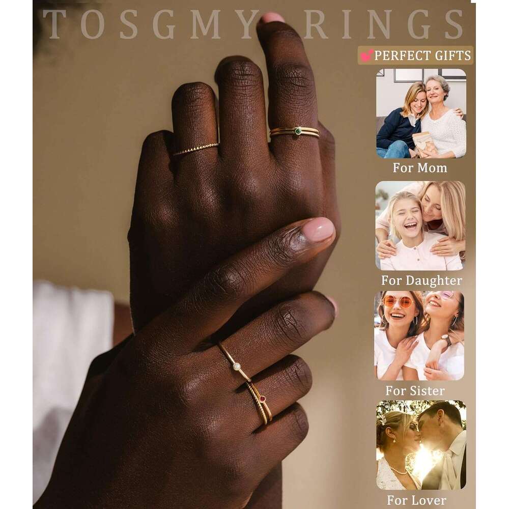 Birthstone Rings Women Non Tarnish 14K Gold Plated Sterg Sier Stackable Birthday Mom Dainty Emerald Green Blue CZ Gemstone Ring for Mothers Daughter B