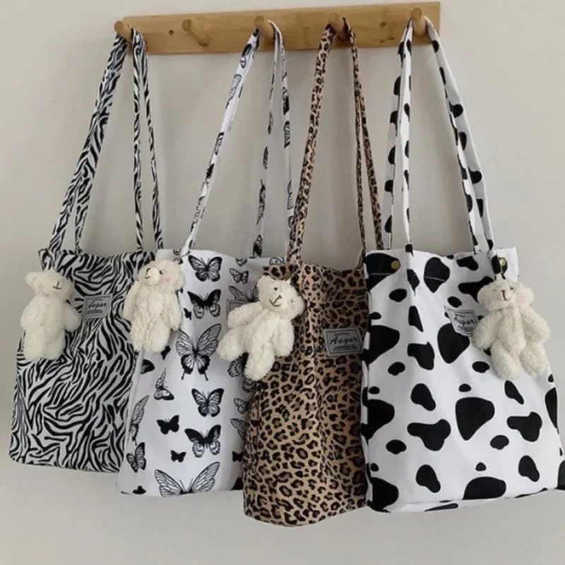 Korean Chic Big Casual Tote Bag Leopard Shoulder Ladies Canvas Shopping Student Print Handbag Womens 250221