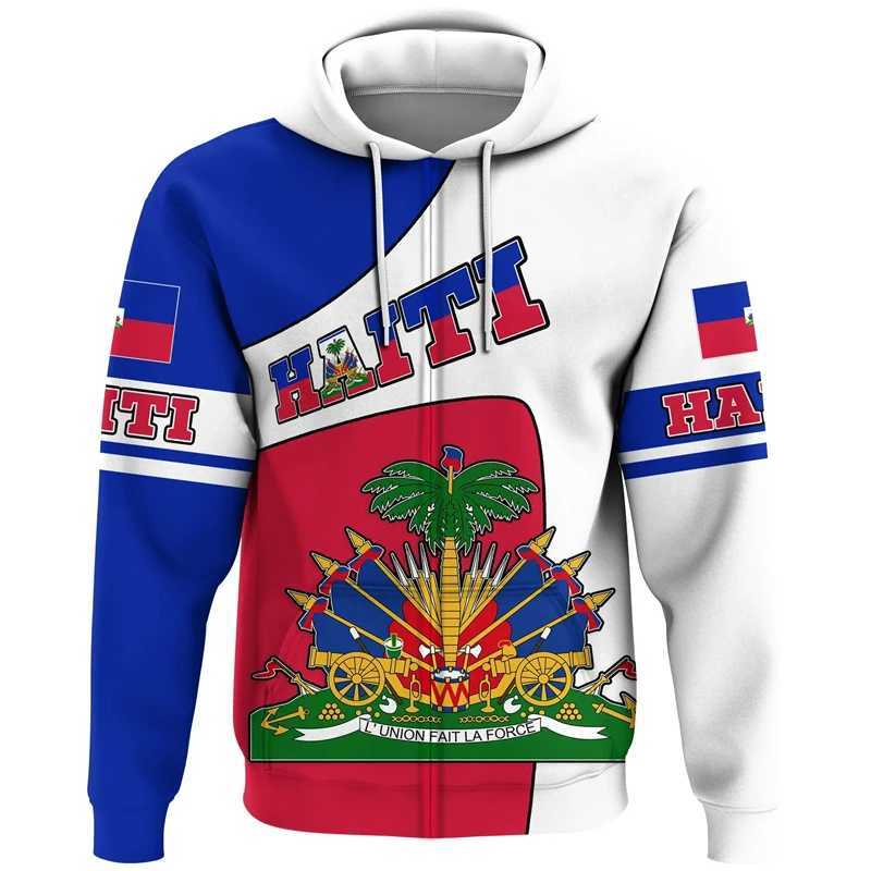 New Fashion Sports Haitian Flag Pattern Zip Up Hoodies Caribbean Sea Haiti Emblem 3D Print Long SLeeve Pullovers X250227