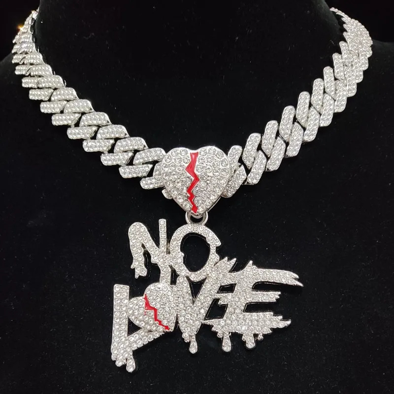 Men Women Hip Hop No Love Heart Pendant Necklace with 14mm Cuban Chain HipHop Iced Out Bling Hiphop Necklaces Fashion Jewelry 250227
