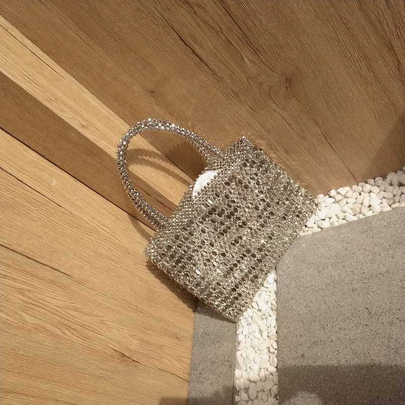 New Arrival Vintage Handmade Ladies Handbag Weave Beaded Fashion Silver Color Shining Sequin Shoulder Bag Clutches Womens Party Handbag T250227