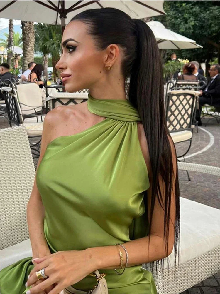 Chic Solid Satin Halter Maxi Dress Women Sexy Backless Sleeveless Long Dresses With Scarf Lady Evening Club Party Vestidos 250226