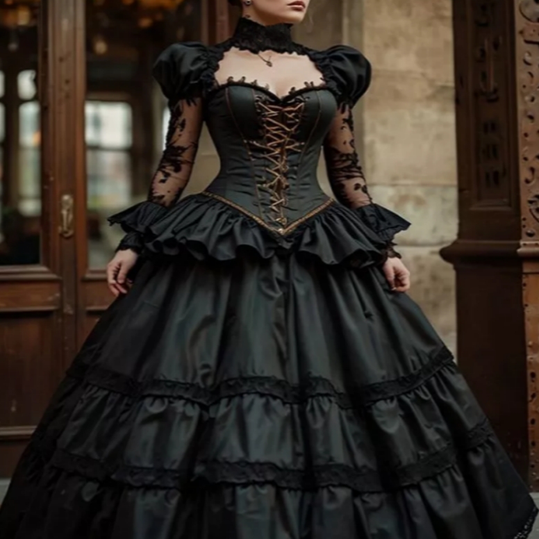 Vintage Black Gothic Prom Dresses High Neck Illusion Long Sleeves A-Line Floor Length Evening Gown Corset Victorian Masquerade Dress For Women 2025
