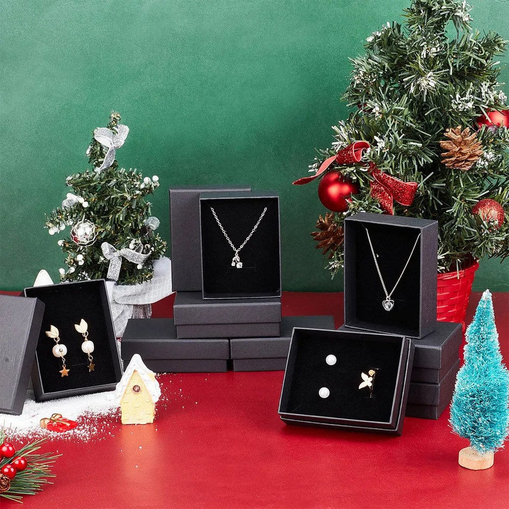 12Pcs Square Rectangle Cardboard Paper Jewelry Set Boxes for Ring Necklace Jewelry Display Gift Package with Black Sponge inside 250222