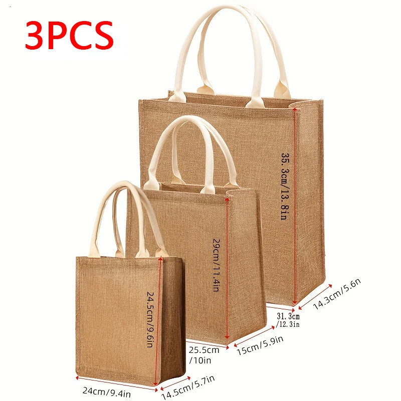 Ship from US 3PCS Pure Color Vintage Faux Hemp Large Capacity Womens Handbag Fashion Reusable Lining Waterproof Shopping Bag Party 250227FBB