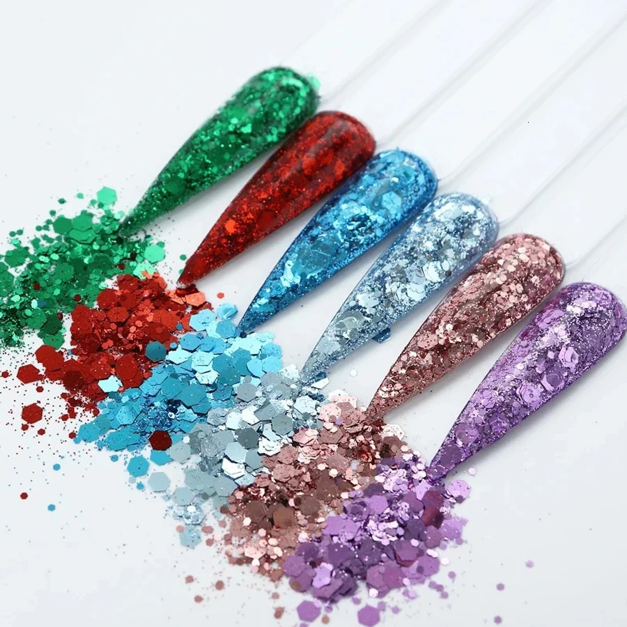 10 Colors 20g Holographic Nail Glitter Laser Color Nails Art Flakes Mixed Size Hexagon Sequin Nail Powder Nail Art Decoration 250227