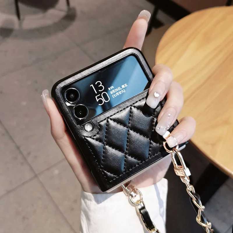 Fashion Crossbody Lanyard Rhombus Lambskin Leather Phone Case For Galaxy Z Flip 6 5 4 3 5G Long Chain Cover Z250227