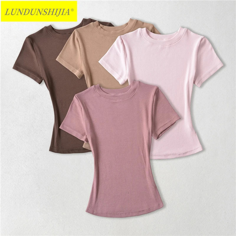 LUNDUNSHIJIA Summer Sexy Women Basic Oneck Short Sleeve Tshirt Ladies Slim Elasticity Cotton Tee Tops 12 Colors 250226