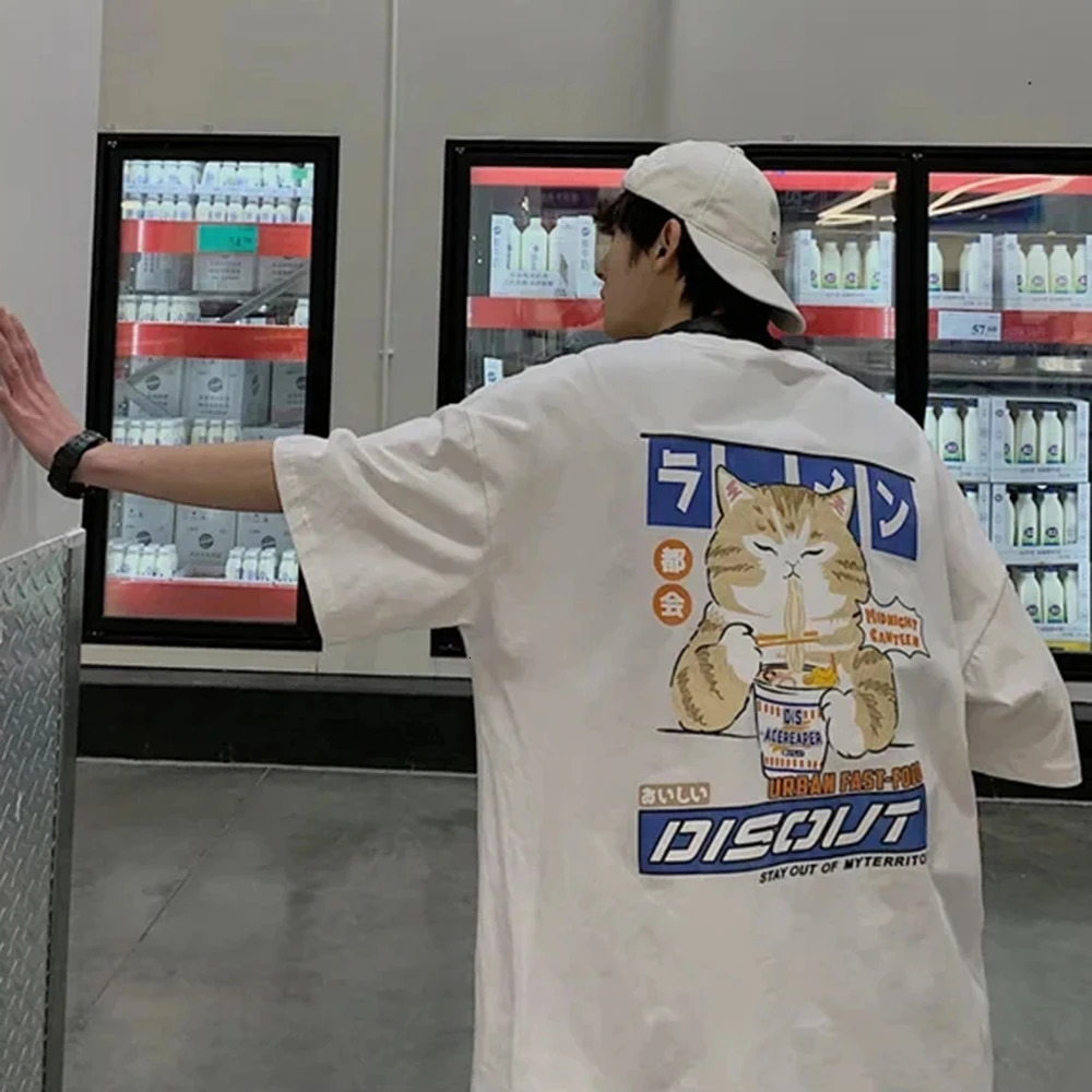 Harajuku Cat Cartoon Eating Noodles Graphic Men Women Tshirts Casual Short Sleeve Tees Japan Style Oversized T Shirt Clothing 250226