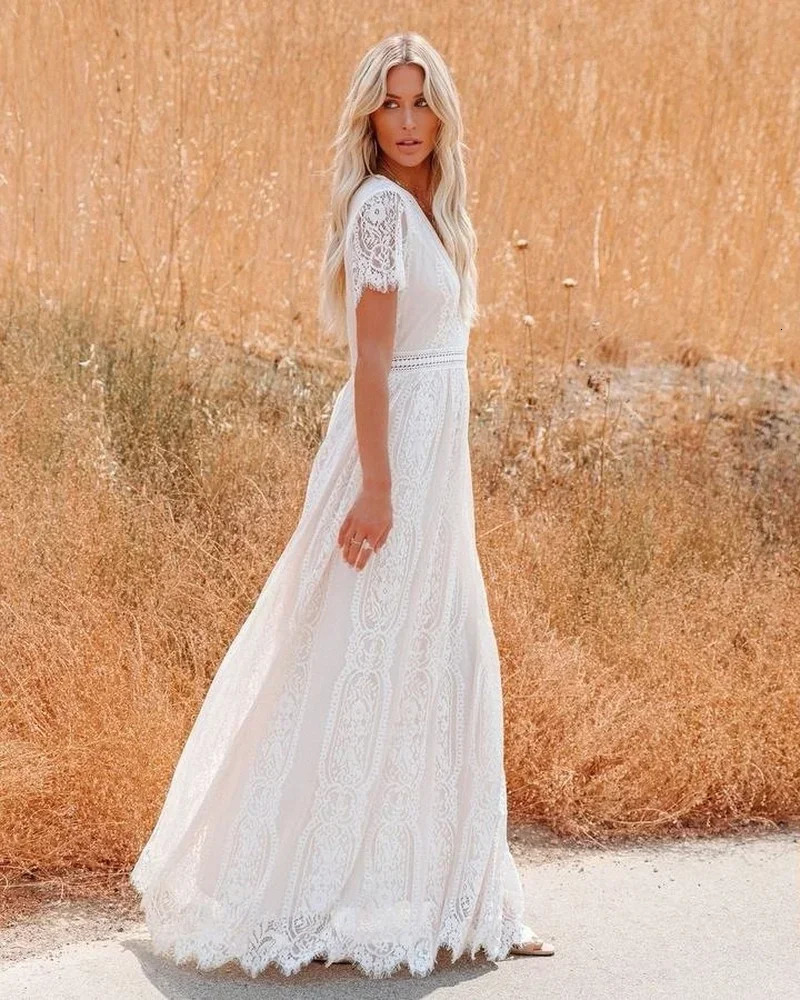Happie Queens Fashion Women Deep V-neck Lace Hollow Out Bohemian Maxi Dress Vintage Lady White Boho Dresses 250222