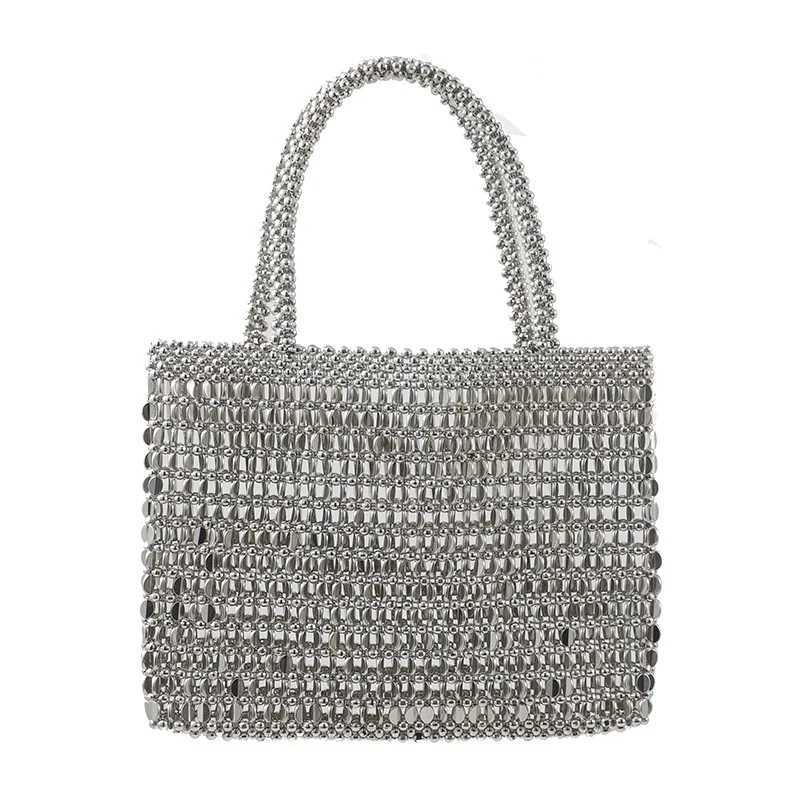 New Arrival Vintage Handmade Ladies Handbag Weave Beaded Fashion Silver Color Shining Sequin Shoulder Bag Clutches Womens Party Handbag T250227