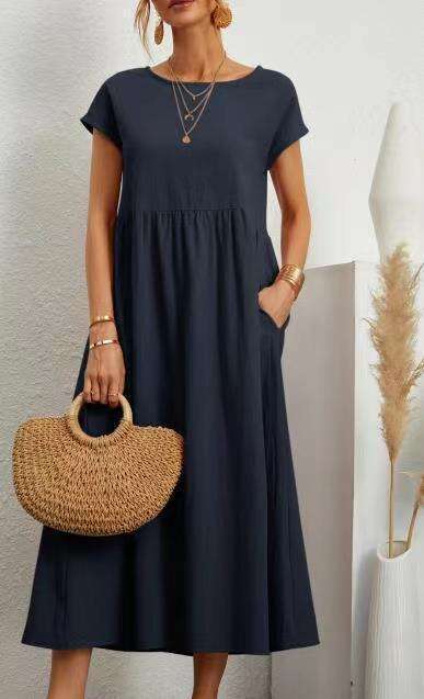 European American Solid Color Sleeveless Loose Cotton and Hemp Pocket Women's Dress 2025 Versatile New Trendy Clothing Ins