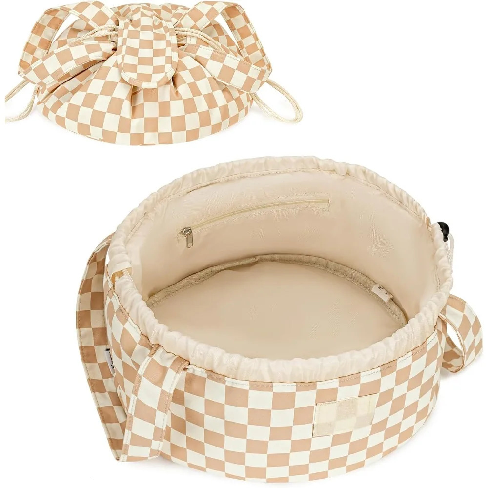 Ship from US Barrel drawstring plaid cosmetic bag large ladies and girls toiletry organizer 250227FBB