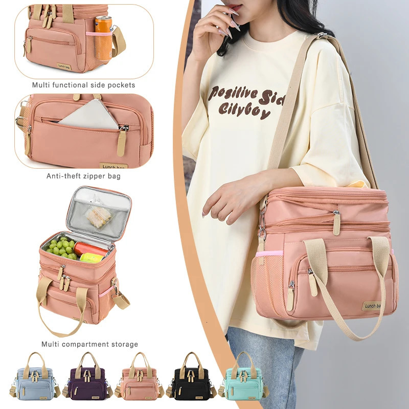 Ship from US 1pc Womens doublewalled oversized lunch bag insulated box for work large leakproof cooler with side pockets and d 250227FBB