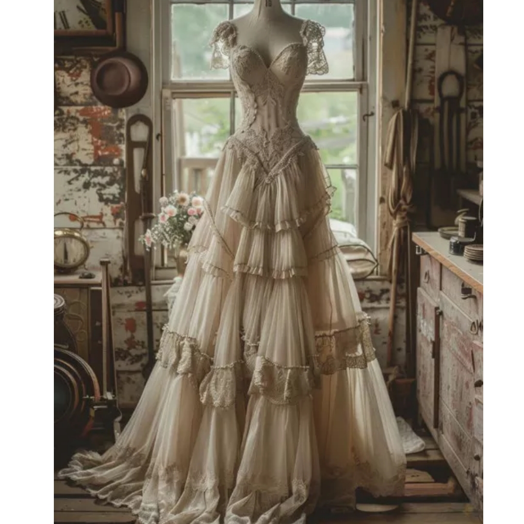 Vintage Victorian Light Champagne Prom Dresses Ruffle Lace Appliques Caped A-Line Princess Corset Evening Gown Elegant Engagement Dress Formal Party G