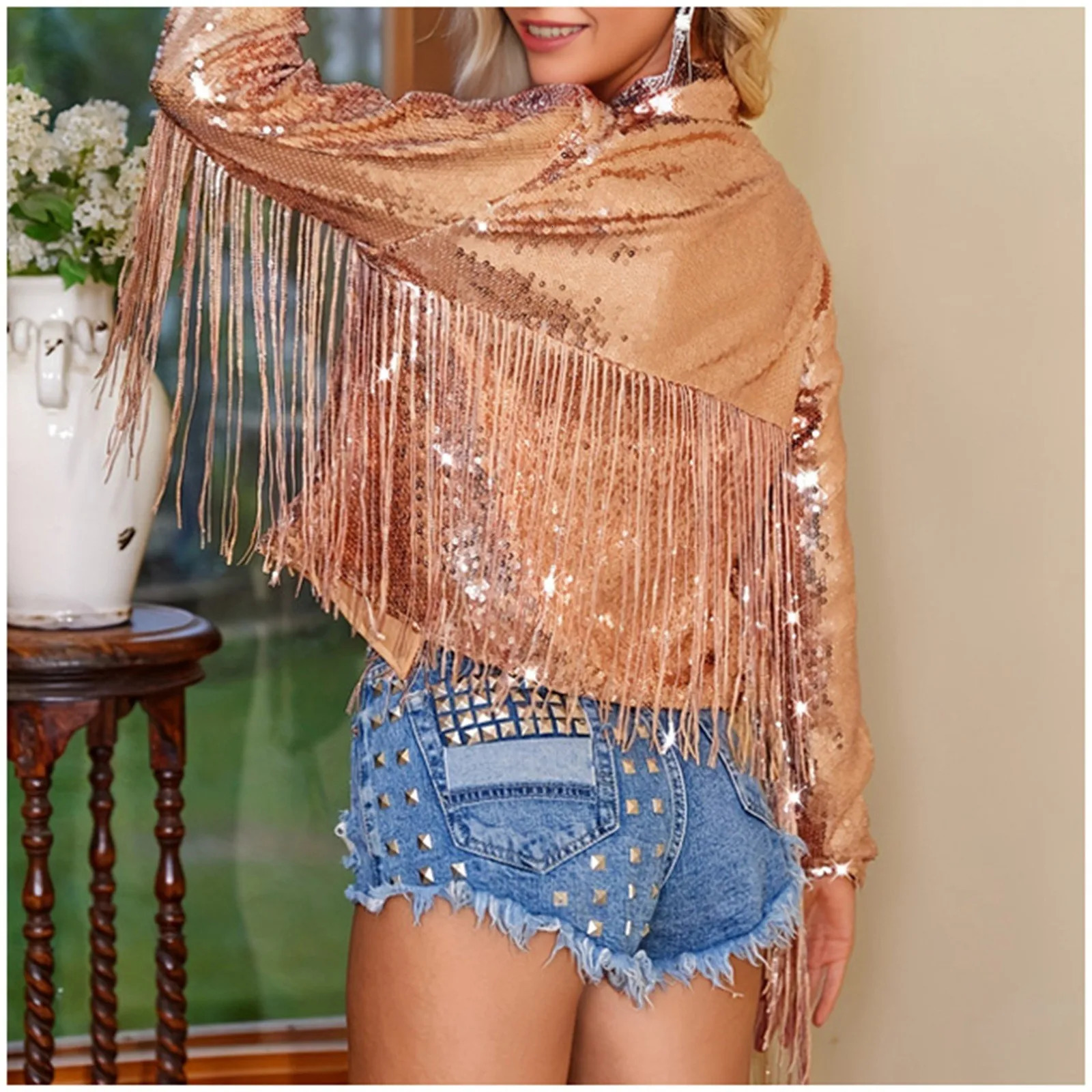 Womens Sequin Tassel Coat Spring Autumn Glitter Long Sleeve Short Coats Solid Color Party Dance Street Cardigan Female Tops 250227