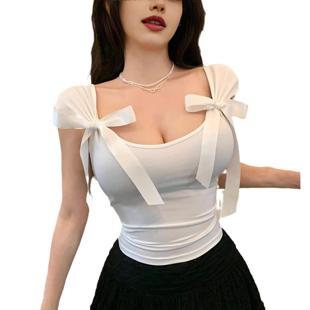 2025 Women's Summer Bow Tie Slim Fit Sexy Spicy Girl Solid Color Tank Top T-shirt
