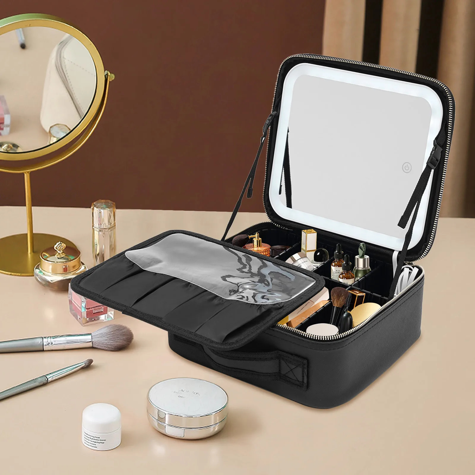 Ship from US Black Makeup Bag with Mirror and Light Portable Train Case Professional LED Cosmetic Bags Adjustable Dividers 250227FBB