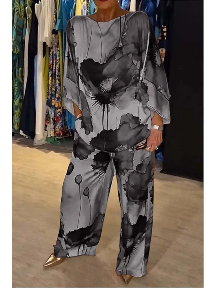 Casual Sets for Women 2 pieces Summer Fashion Printed Satin Two Piece Sets Women Sexy Round Neck TopWide Leg Long Pants Outfits 250320