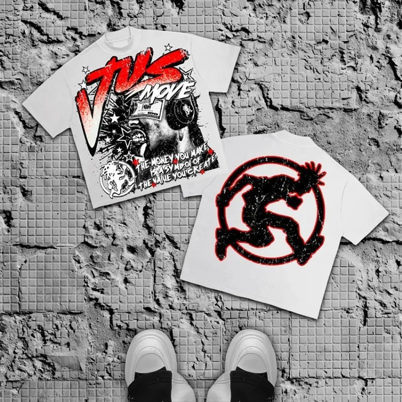 Retro trendy rock letter pattern print oversized short sleeved Tshirt for mens fashion Harajuku loose round neck shirt 250226