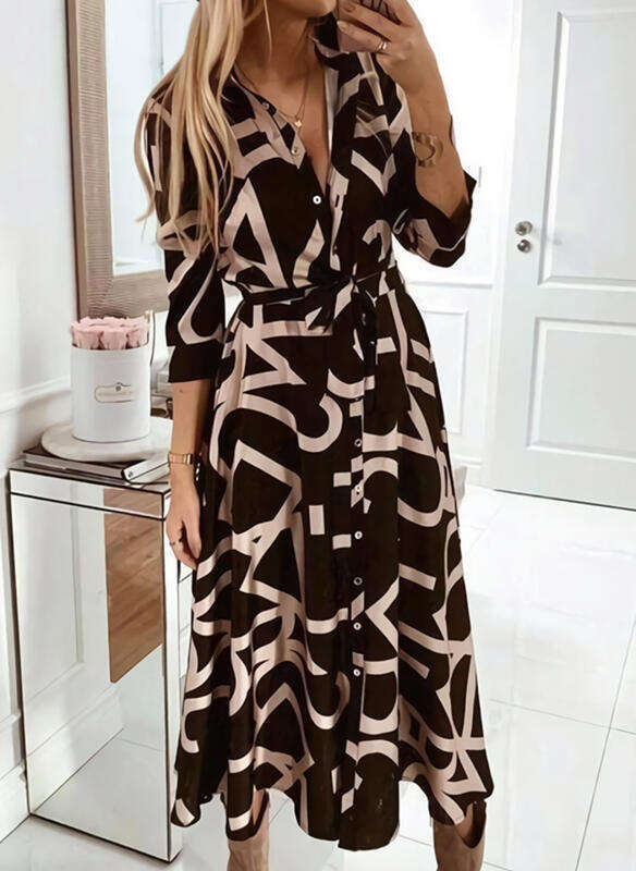 European American women's V-neck spring autumn printed button long sleeved lace up dress 2025 new style chic and elegant clothing