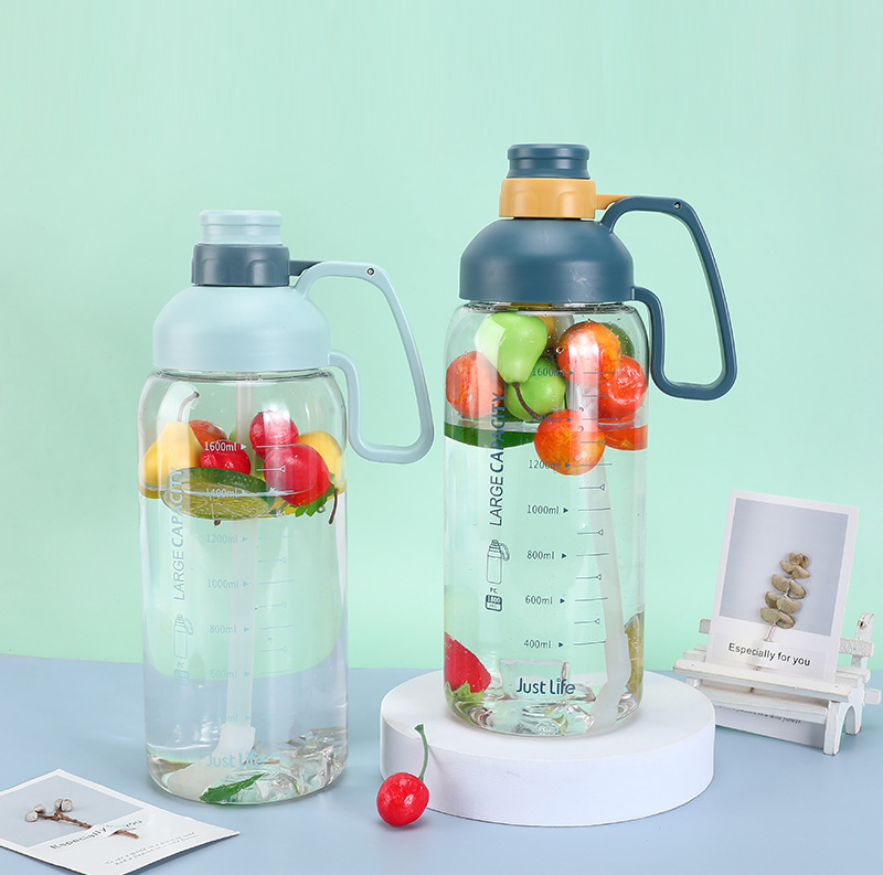 Motivational Large PC Plastic Sport Water Bottle with Straw and Portable Handle 1800ml