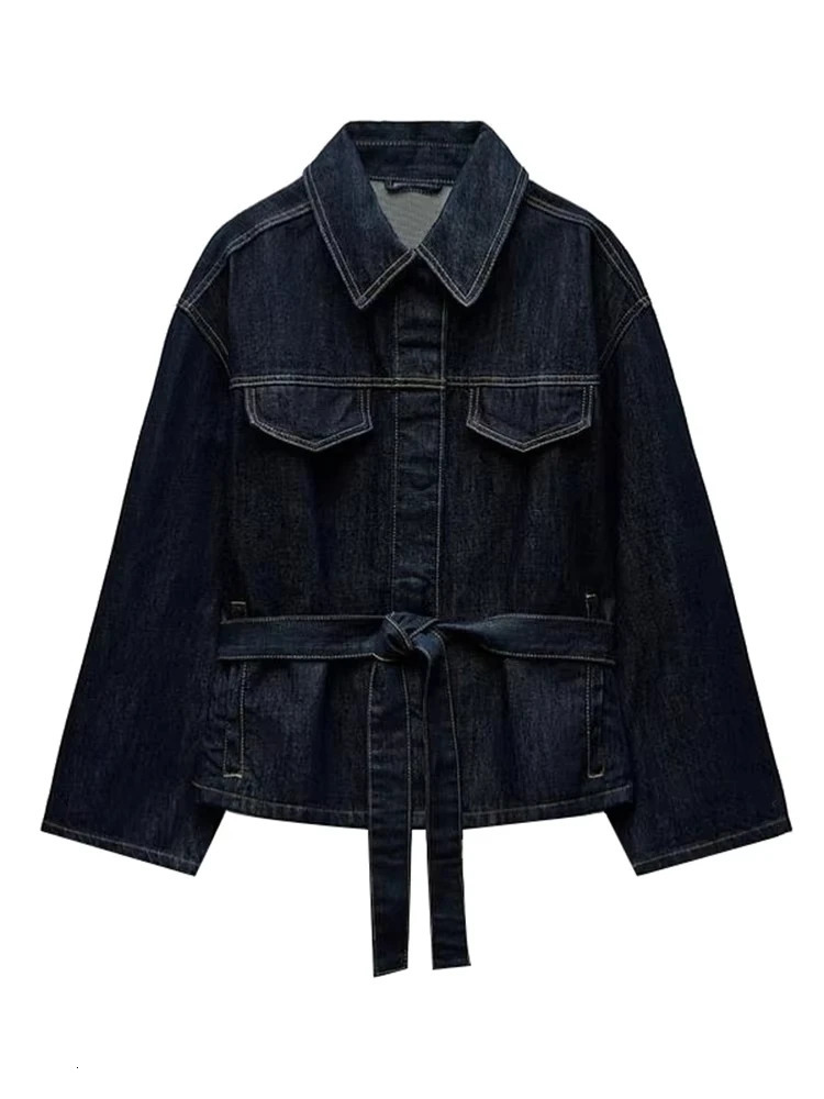 Fashion Denim Jacket Pants Set Women With Belt Lapel Button Jackets High Waist Straight Trousers 2025 Spring Lady Pockets Outfit 250226