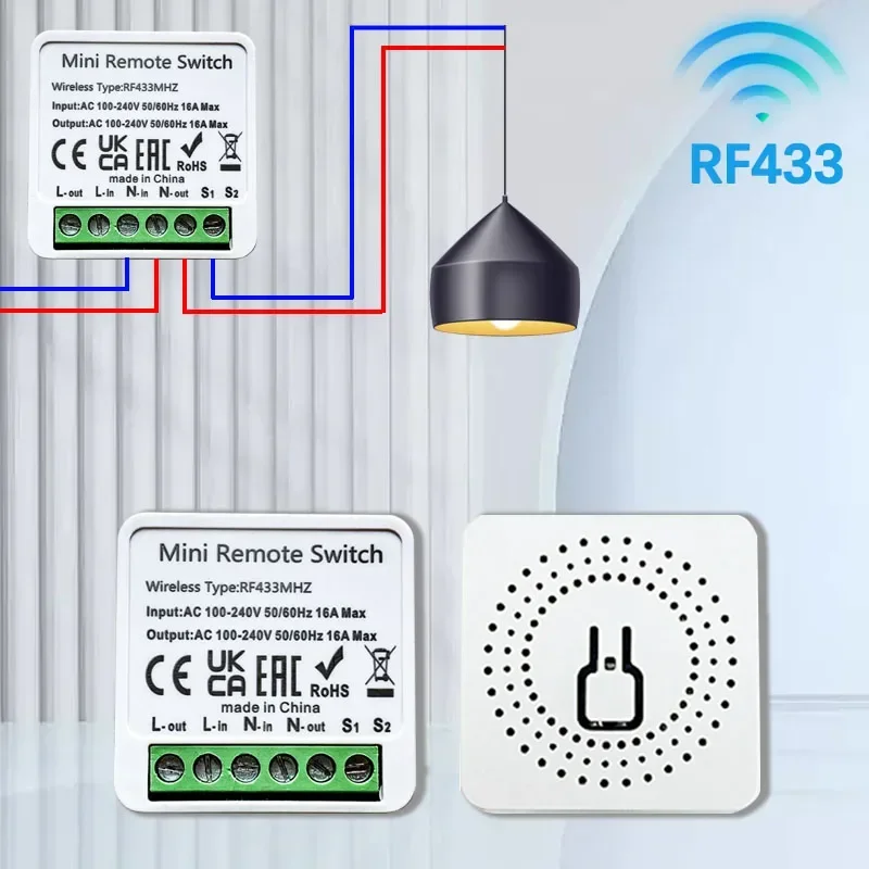 16A Wireless Smart Switch Led Lamp Wireless RF 433MHz DIY Mini Relay Receiver 2-Way Control Automation Module 100-240V for Home