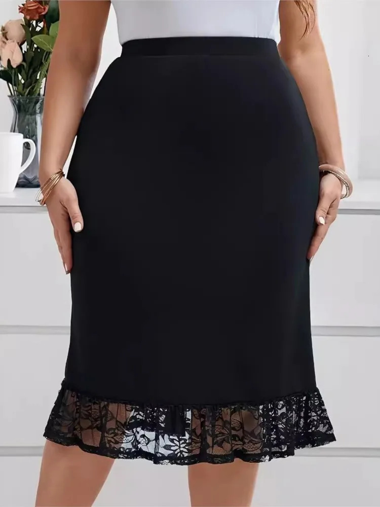 Plus Size Lace Patchwork Summer Fishtail Skirts Women High Waist Fashion Slim Ladies Skirts Korean Pleated Woman Midi Skirts 250224