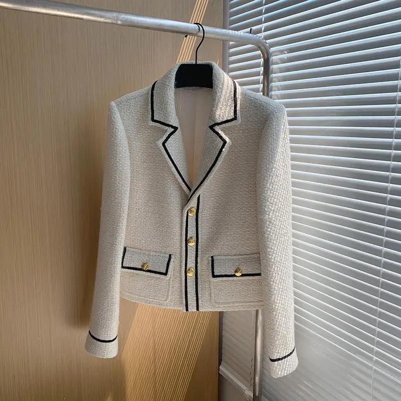 Women French Style y Contrast Color Chic Tweed Jacket Retro Single Breasted Outewear Female Elegant Long Sleeve Blazer Coat 250227
