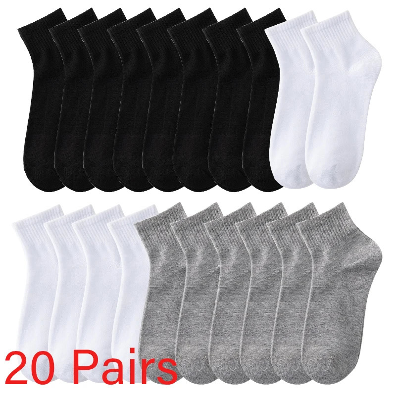 20 pairsbatch mens business breathable cotton socks solid color black and white casual simple sports net short 250227
