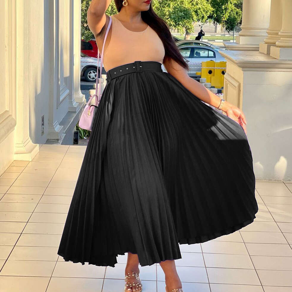 D293P with waist belt, European and American women's clothing, high waist, large medium length pleated elegant drape, half skirt, 2025 versatile 