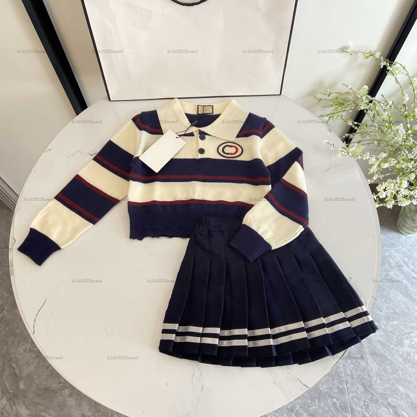 New girls dress set Autumn set Lapel design child skirt suits kids designer clothes Long-sleeved POLO shirt and pleated skirt