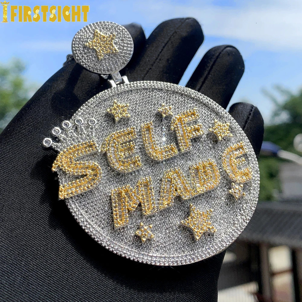 Iced Out Bling Round Letter Pendant Necklace Gold Color CZ Cubic Zirconia Badge Charm Men Fashion Hip Hop Jewelry 250227