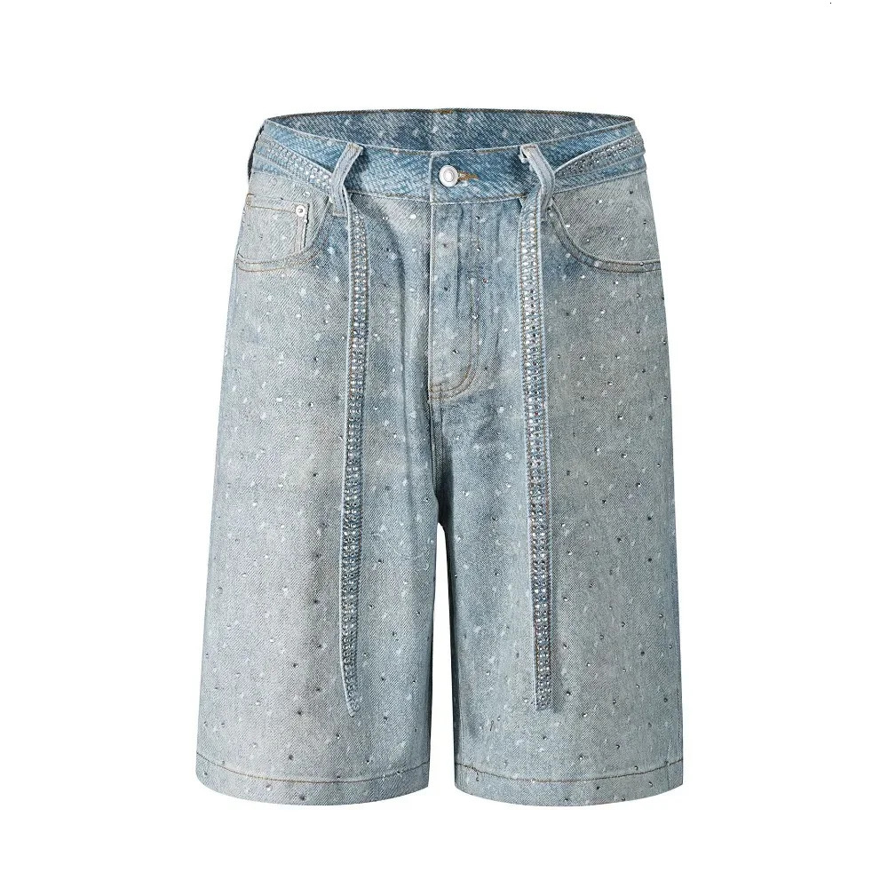 Tung Sung Full Diamond Printing Diamond Belt Wash Casual Loose Straight Jeans Hip Hop Y2k Men Jorts 250226