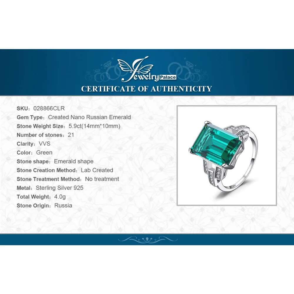 JewelryPalace 5.9ct Green Simulated Nano Emerald Sterg Sier Ring for Women Jewelry Gift