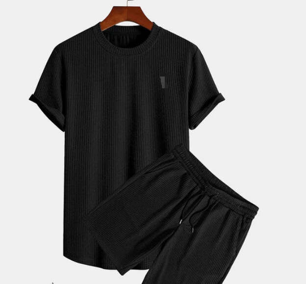 New Summer Striped Casual Suit Round Neck Men's Short Sleeved Sports Fashion Loose Two-Piece Set