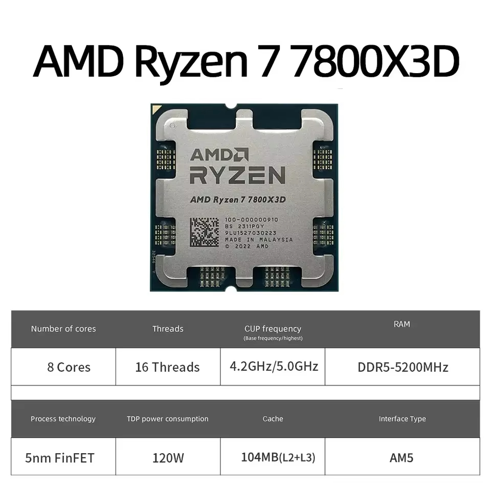 NEW AMD Ryzen 7 7800X3D R7 7800X3D 5.0 GHz 8-Core 16-Thread 5NM 96M Desktop Processor Socket AM5 CPU Gaming Processo