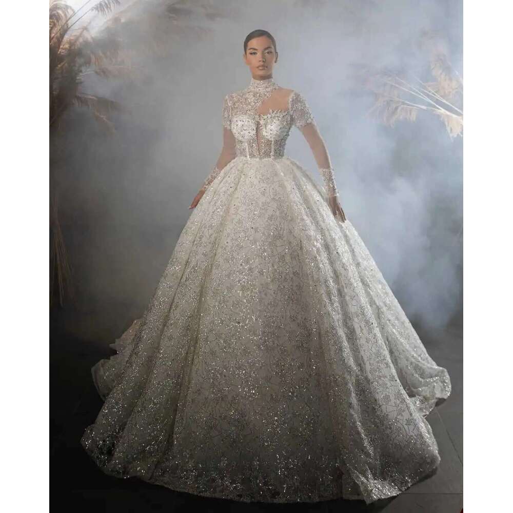 Backless Beaded Lace Custom Wedding Dresses, Ball Gown, Beads Illusion, Pleated Court Dress, Bridal Design