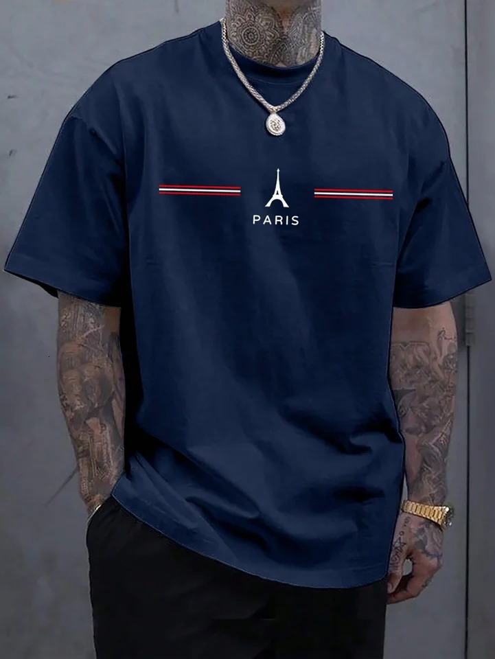 Mens 100% cotton summer loose size comfortable PARIS letter print slim fit casual sports round neck short sleeved T-shirt top 250227