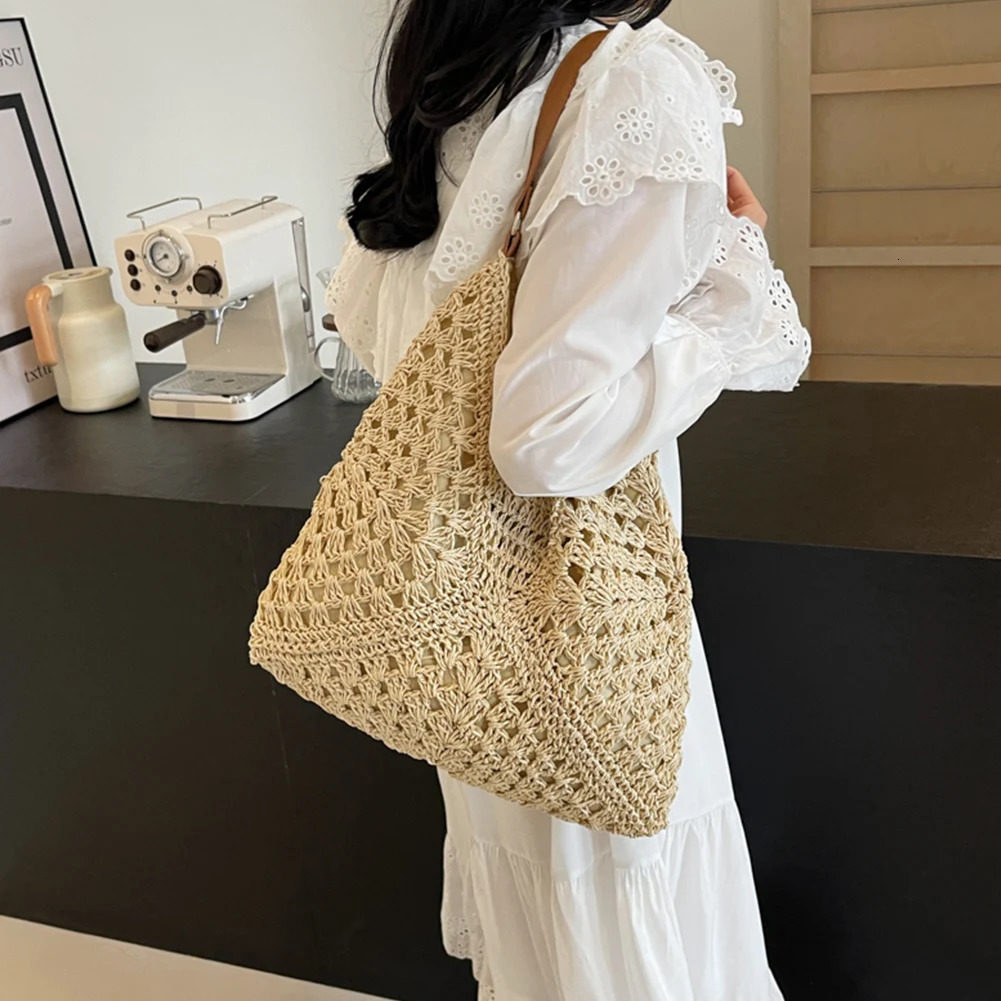 Ship from US Summer Straw Bag Hollow Out Underarm Solid Color Vacation Holiday Travel Handbag Boho Shoulder Purse for Women 250227FBB