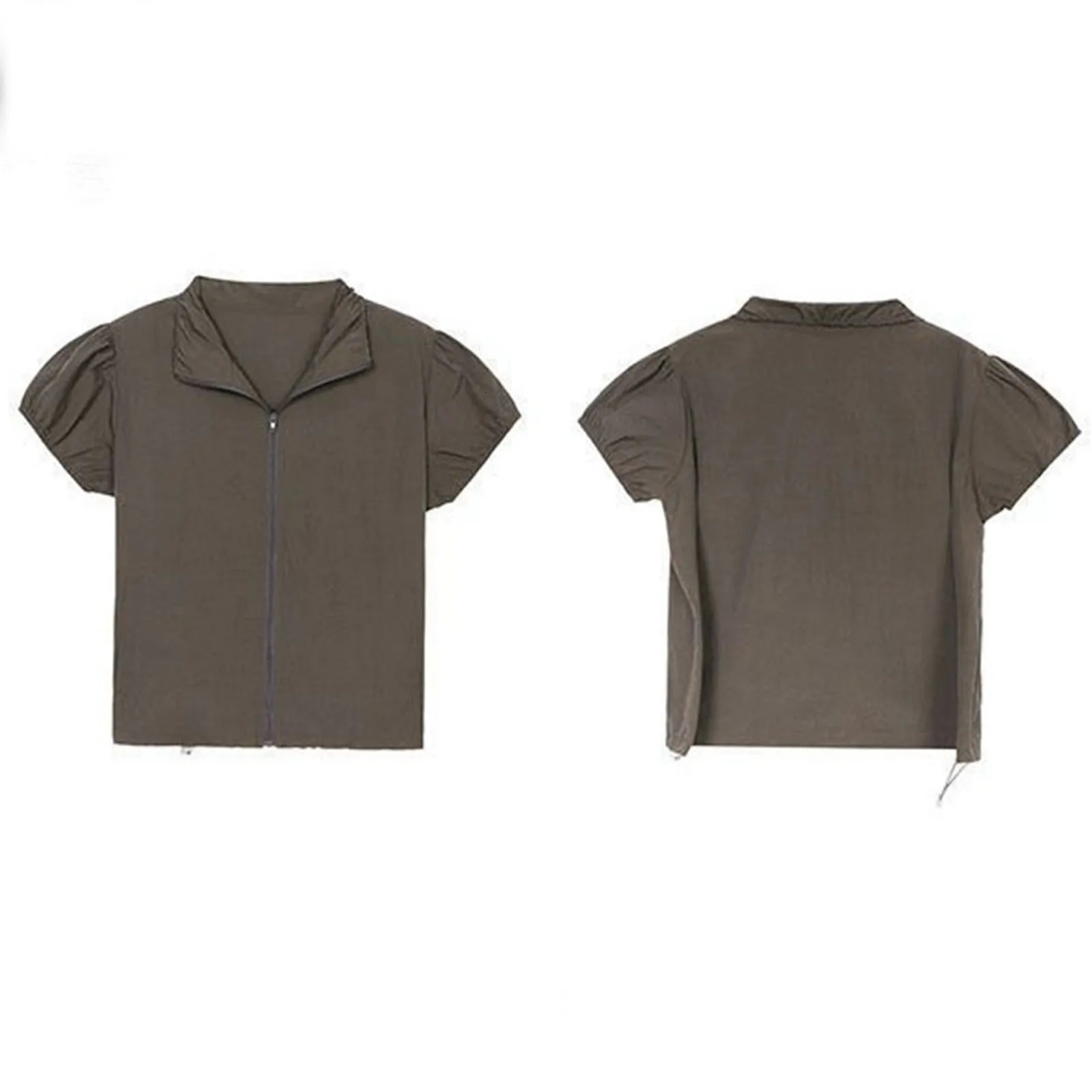 Womens Clothing Sales Street Retro Top Camping Style Thin Zipper Stand Up Neck Short Sleeve Sun T Shirt Instagram Y2k 250226